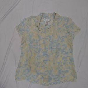 Rena Rowan VTG 10P Modern 6/8P? Pastel Blue Green 100% Silk Sheer Button Up